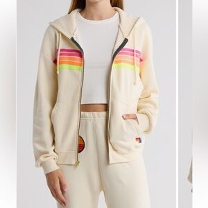Aviator Nation Cream Zip Hoodie with Pink-Orange-Yellow Neon Stripes